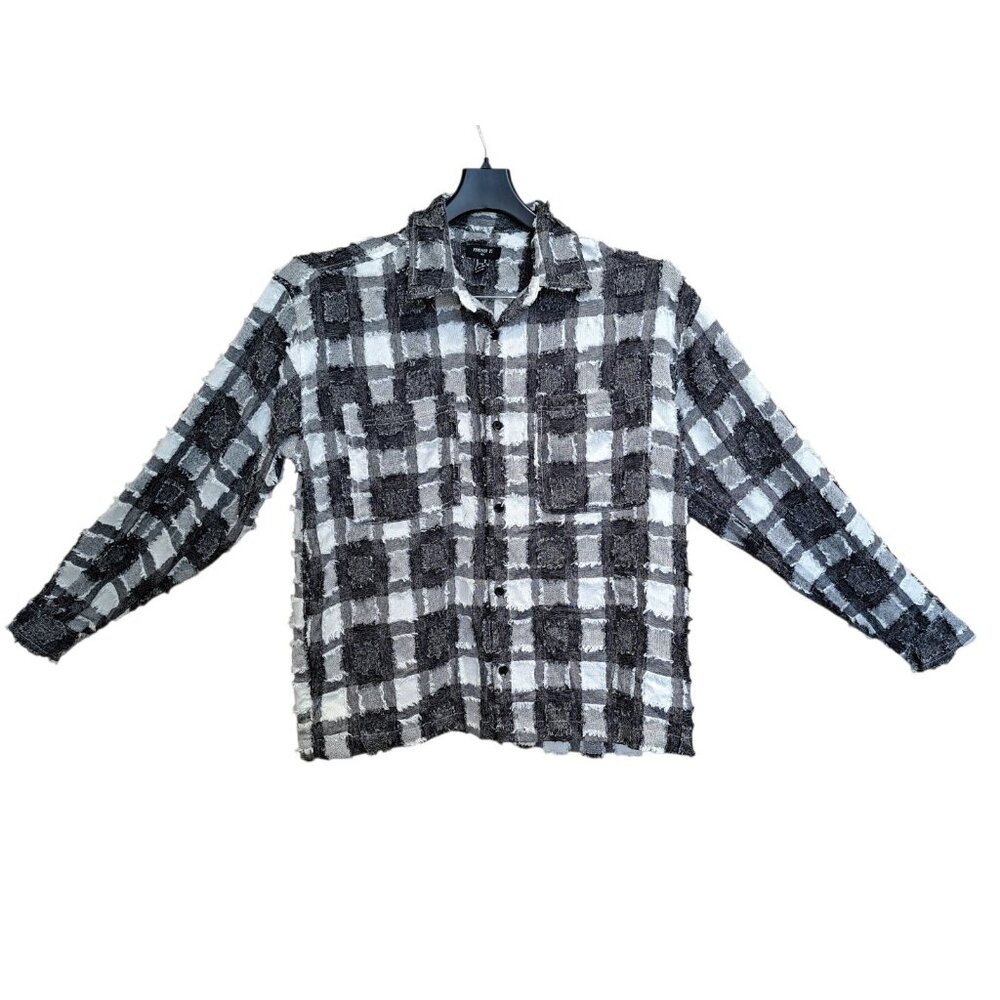 Forever 21 Mens M Textured Plaid Button Down Shirt Black/White Frayed Grunge